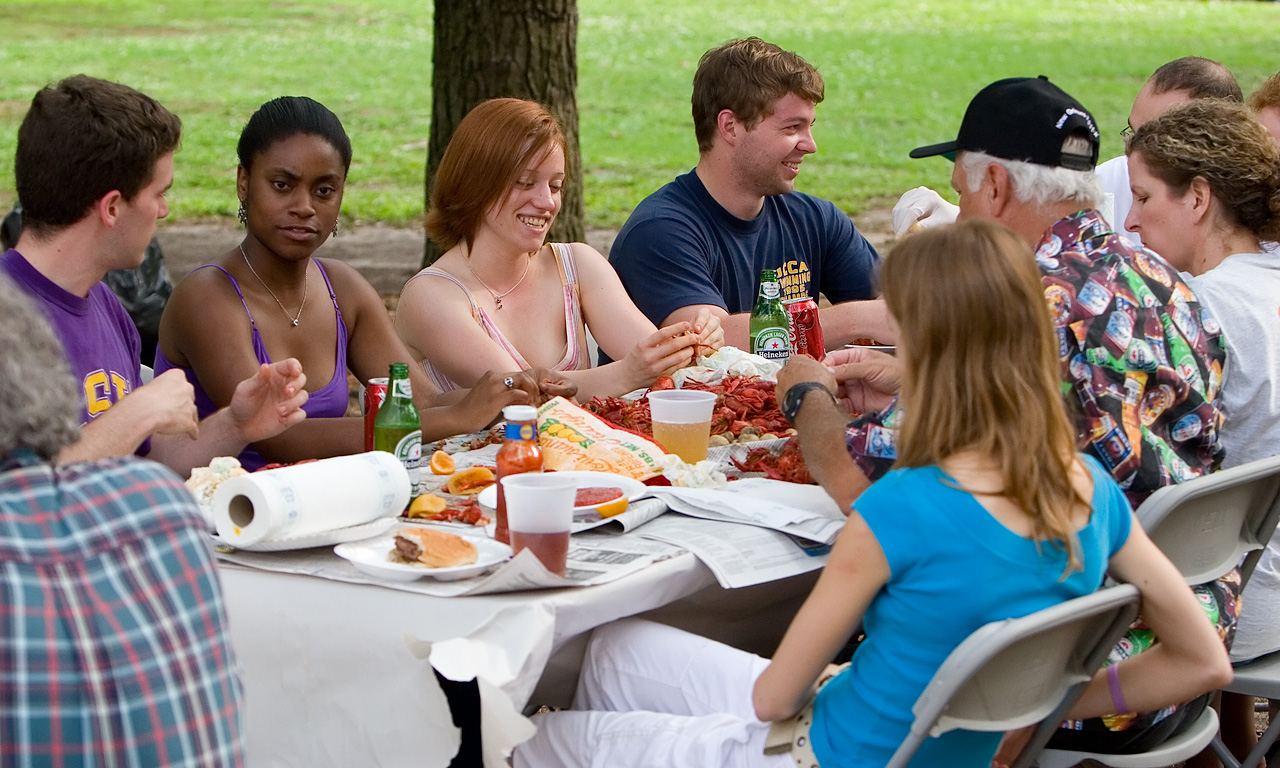 Students eating crawfish