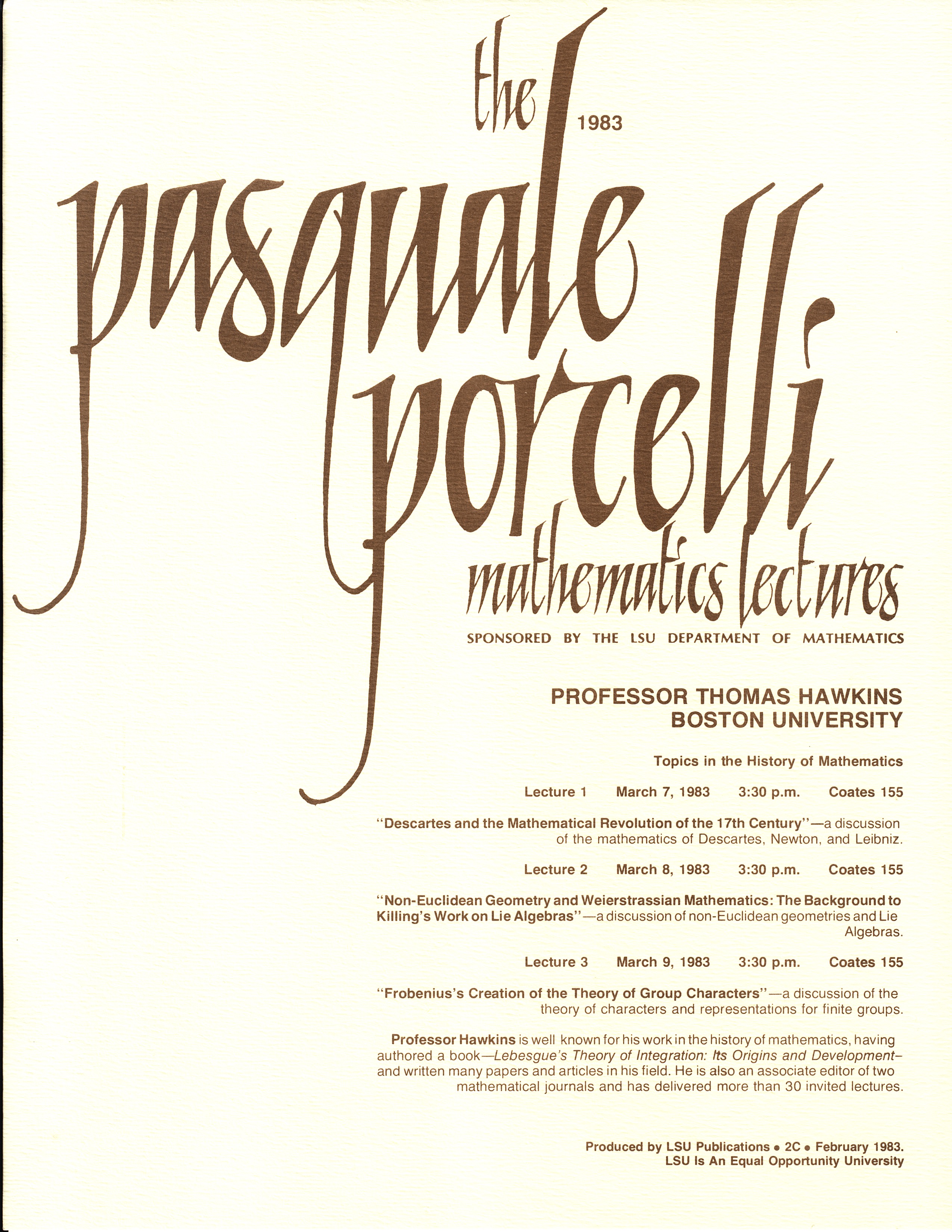 Porcelli Lecture Invitation: Thomas Hawkins 1983