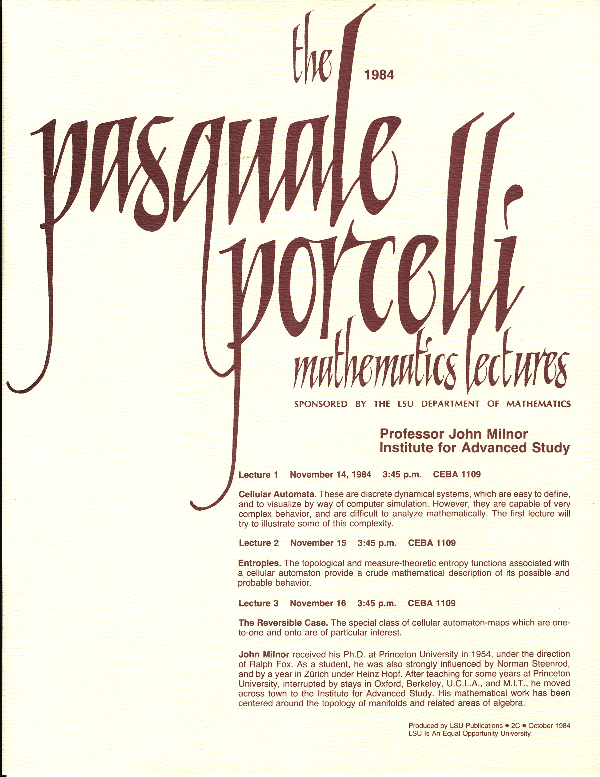 Porcelli Lecture Invitation: John Milnor 1984