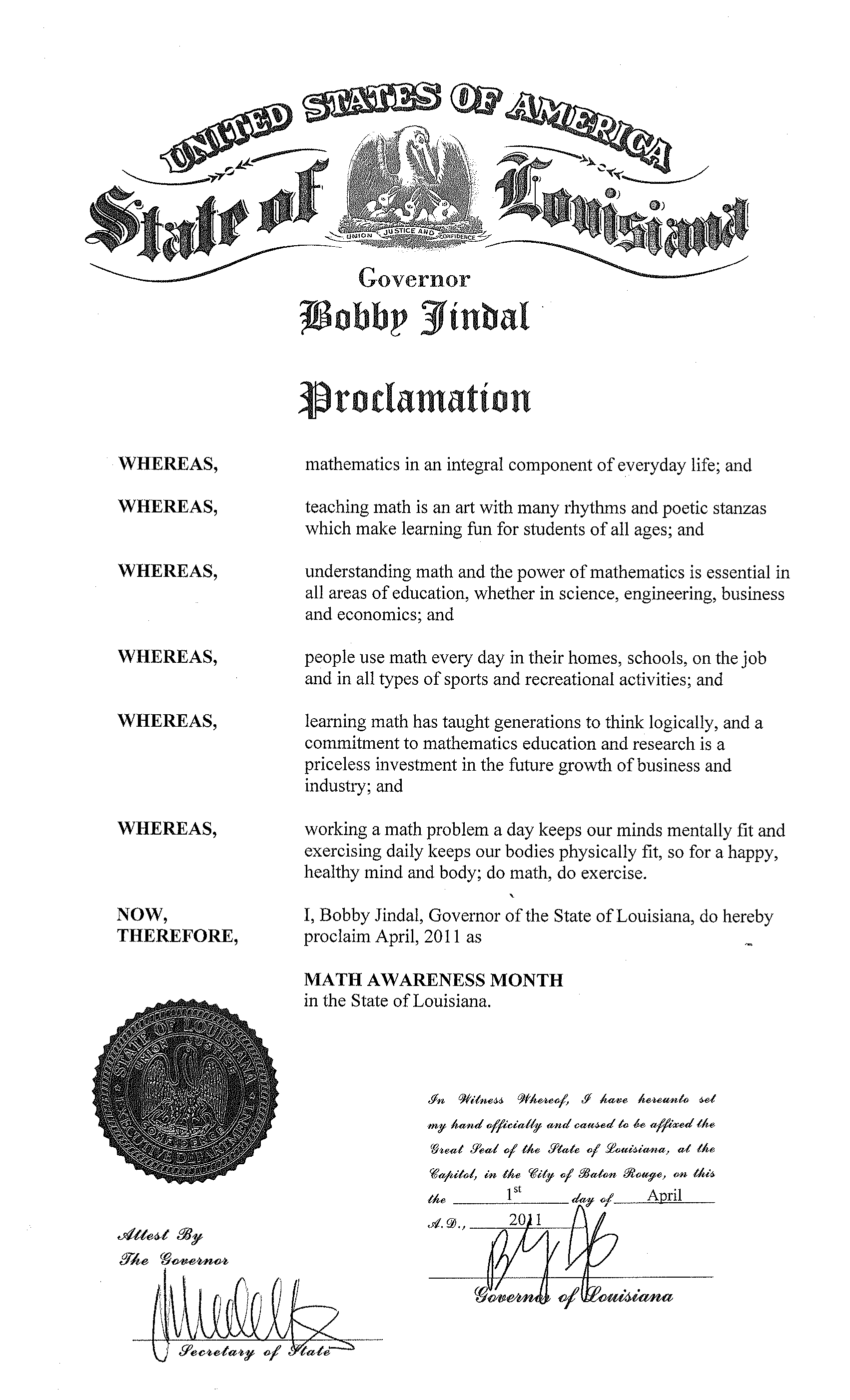 Math Awareness Month Proclamation