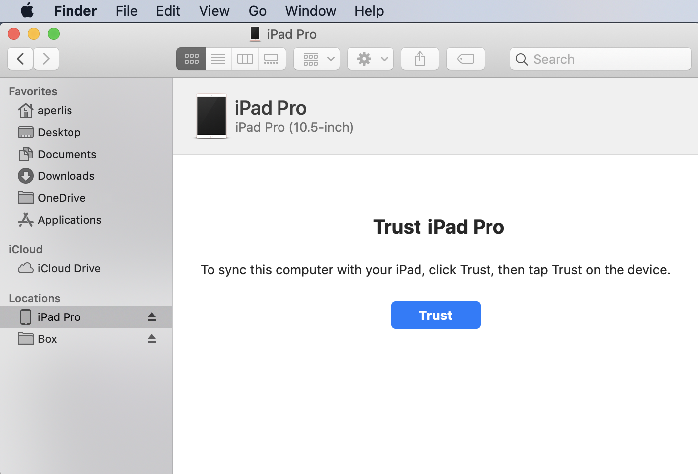 Screenshot of Macintosh Finder showing Trust button after connecting iPad for the first time
