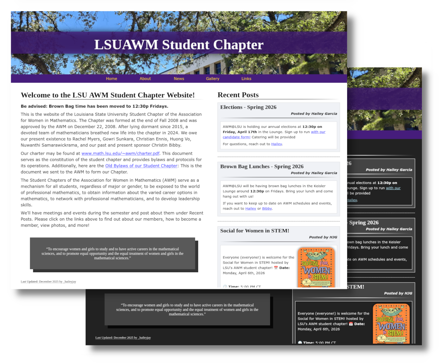 The new LSU AWM website, with light and dark mode overlaid to show both.