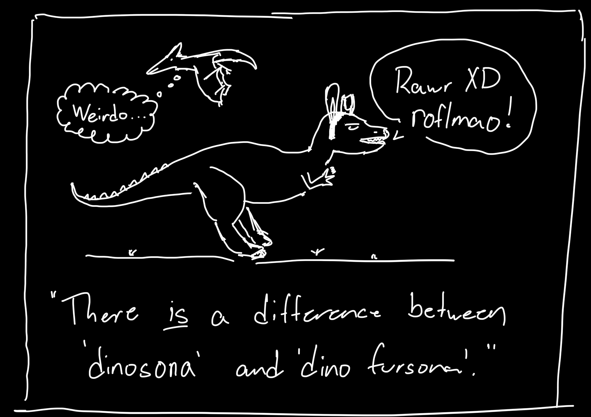 A dinosaur wearing a bunny ears headband while saying 'Rawr'.